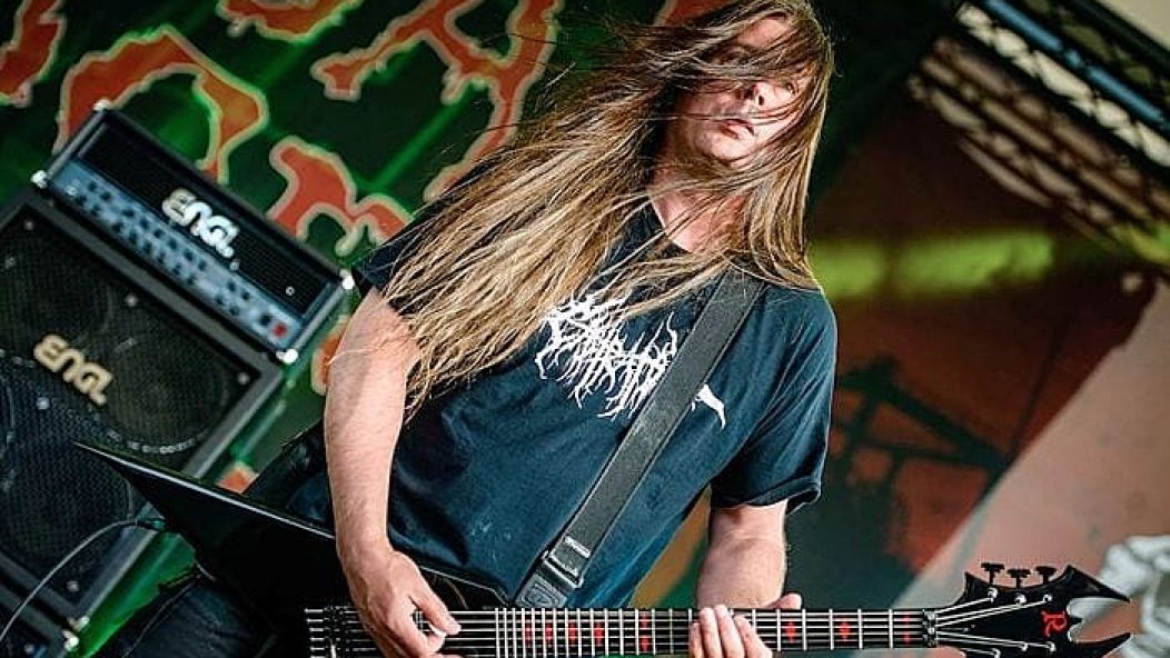 Cannibal Corpse guitarist Pat O'Brien performing live.