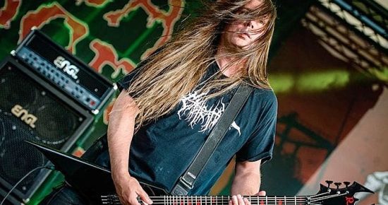 Cannibal Corpse guitarist Pat O'Brien performing live.