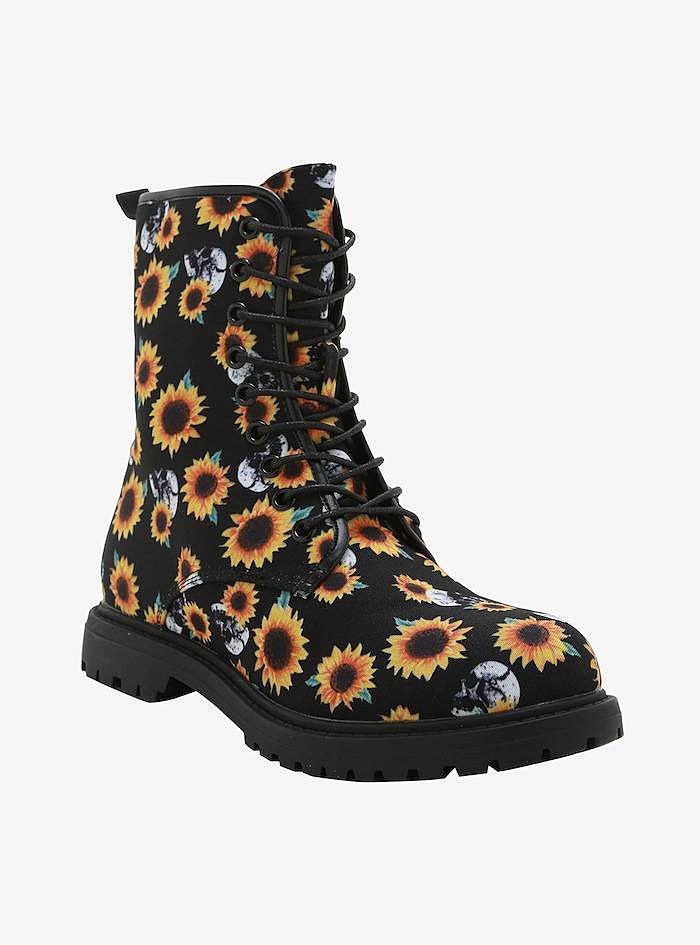 Sunflowers & skulls combat boots