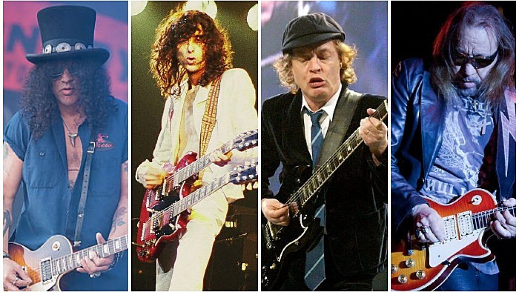 Slash, Jimmy Page, Angus Young, and Ace Frehley counterfeit guitars