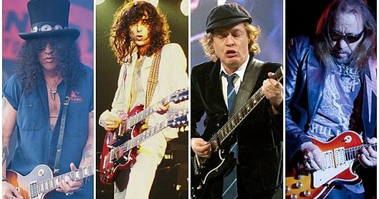 Slash, Jimmy Page, Angus Young, and Ace Frehley counterfeit guitars